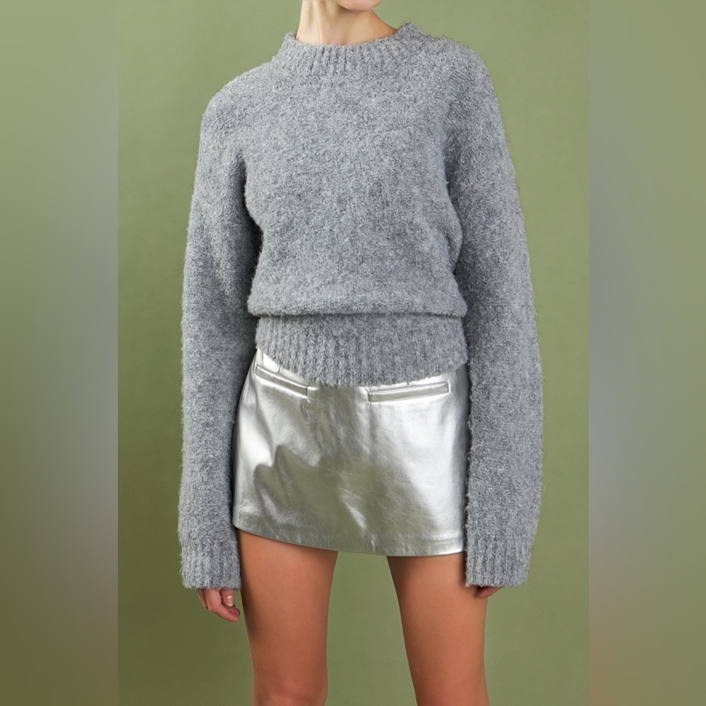 English Factory Women's Medium Cozy Round Neck Sweater Gray Wool Blend Sheep Fur
